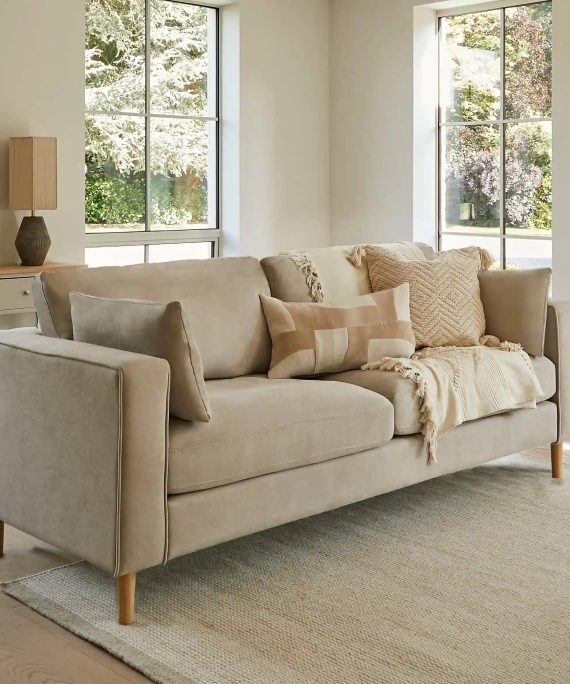 Emily 3 Seater Sofa - Soft Beige with Pale Oak Legs