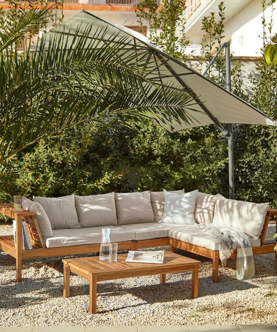 Dakota Wooden Garden Corner Sofa Set with Cream Parasol - Sand Cushions