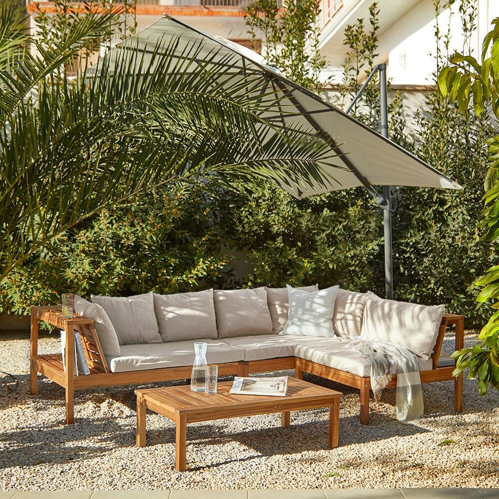 Dakota Wooden Garden Corner Sofa Set with Cream Parasol - Sand Cushions