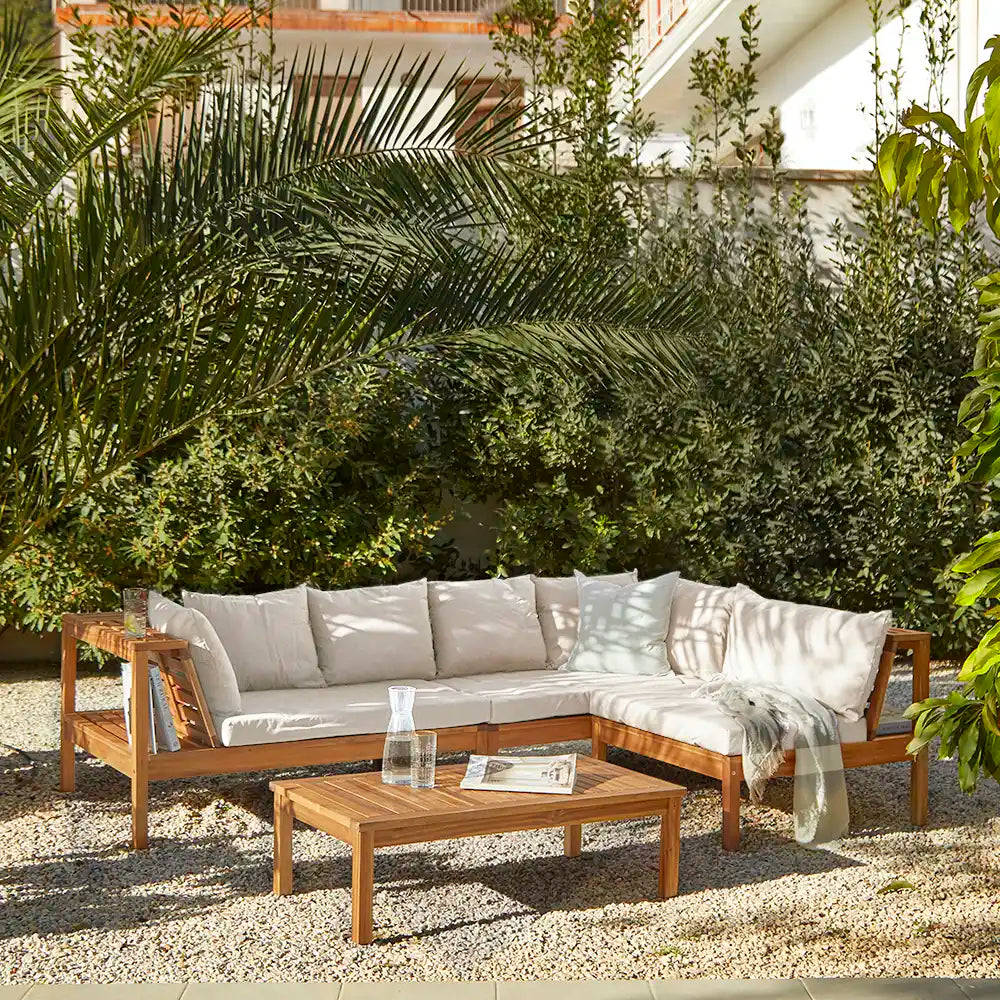 Dakota Wooden Garden Corner Sofa Set with Cream Parasol - Sand Cushions - Image 2