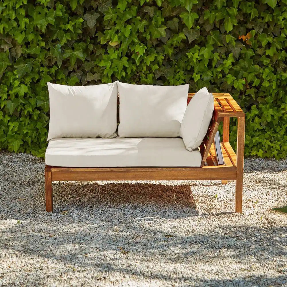 Dakota Wooden Garden Corner Sofa Set with Cream Parasol - Sand Cushions - Image 15