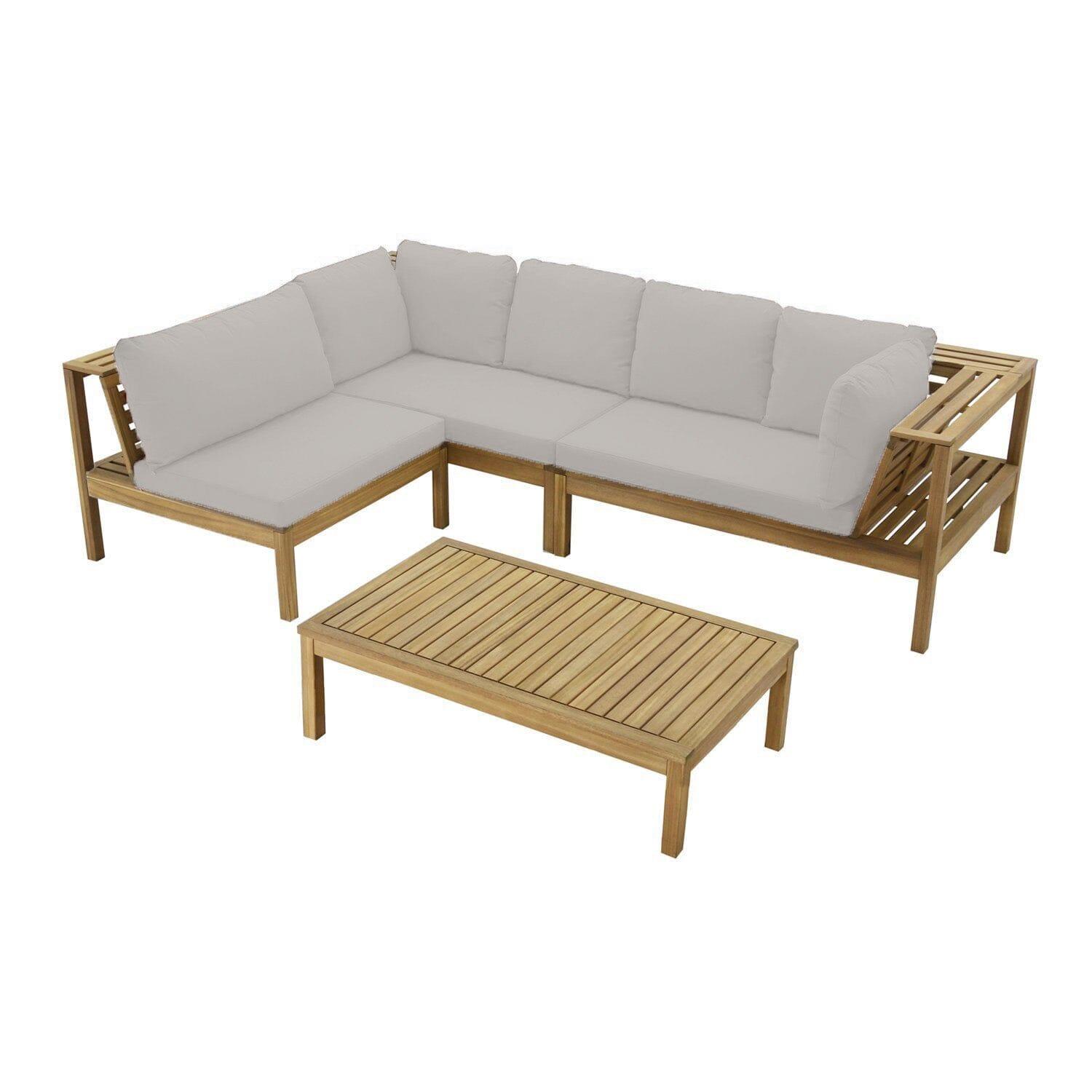 Dakota Wooden Garden Corner Sofa Set with Cream Parasol - Sand Cushions - Image 17