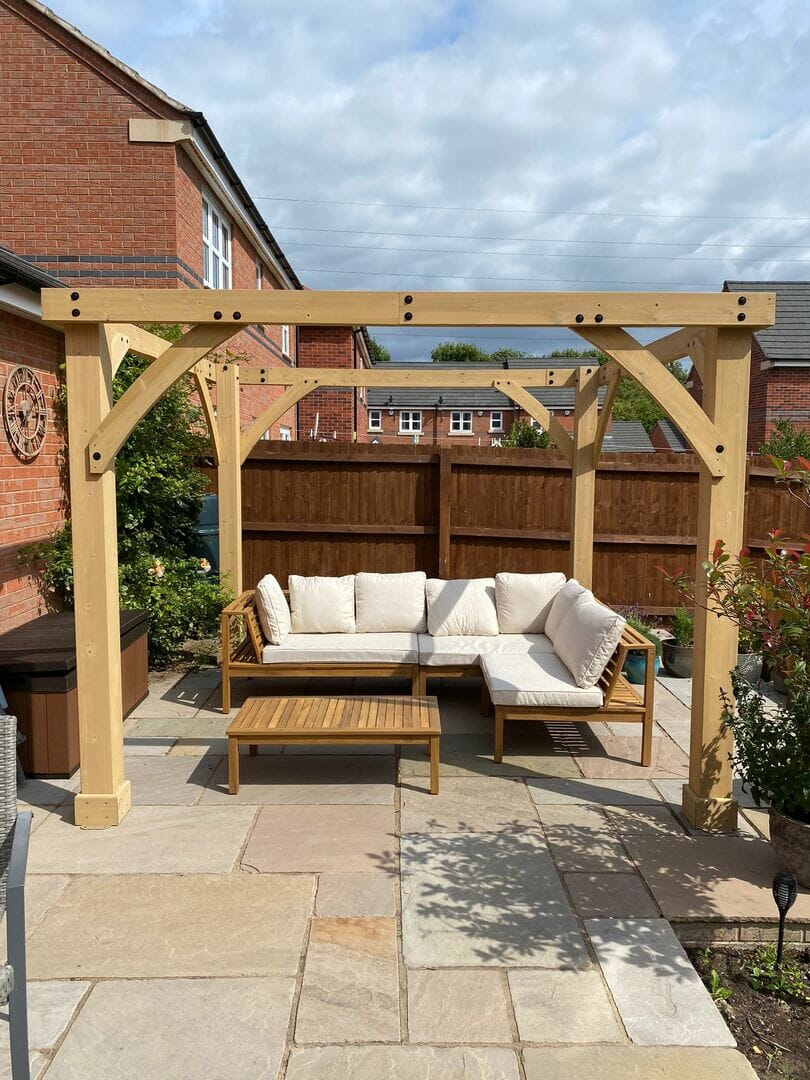 Dakota Wooden Garden Corner Sofa Set with Cream Parasol - Sand Cushions - Image 3